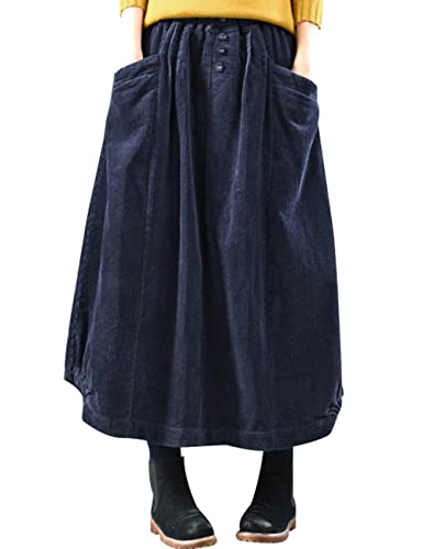 Bigassets Damen Vintage Knöchellange Cordrock mit elastischer Taille Navy Fleeced von Bigassets