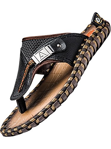 Bigassets Herren Handarbeit Leder Flip Flops Strand Hausschuhe Black EU 44 von Bigassets