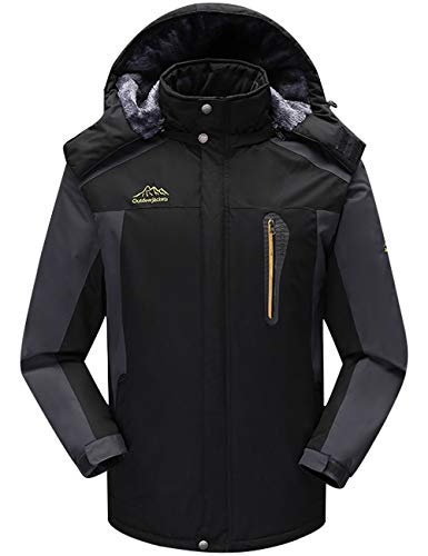 Bigassets Herren Wasserdicht Vlies Berg Jacke Warm Skijacke Multi-Taschen mit Kapuze Black XXXXL von Bigassets