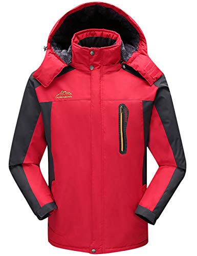 Bigassets Herren Wasserdicht Vlies Berg Jacke Warm Skijacke Multi-Taschen mit Kapuze Red L von Bigassets