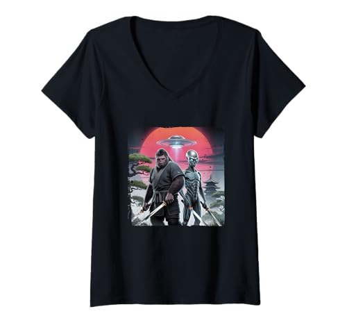 Damen Bigfoot und Ninja Alien Vintage Japanischer Samurai Ukiyo-E Art T-Shirt mit V-Ausschnitt Damen Bigfoot und Ninja Alien Vintage Japanischer Samurai Ukiyo-E Art T-Shirt mit V-Ausschnitt von Bigfoot And Ninja Alien Japanese Samurai