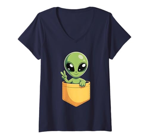 Damen Süßes Alien in Pocket Entführung Believe Extraterrestrial Team T-Shirt mit V-Ausschnitt Damen Süßes Alien in Pocket Entführung Believe Extraterrestrial Team T-Shirt mit V-Ausschnitt von Bigfoot Camping Cat Explorer Sighting Research