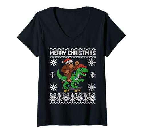 Damen Frohe Weihnachten Bigfoot Reiten Dinosaurier Skateboarden T-Shirt mit V-Ausschnitt von Bigfoot Christmas ugly sweater