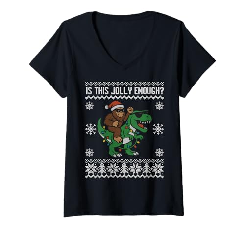 Damen Ist Dieser lustige Dinosaurier-Skateboard-Velociraptor T-Shirt mit V-Ausschnitt von Bigfoot Christmas ugly sweater