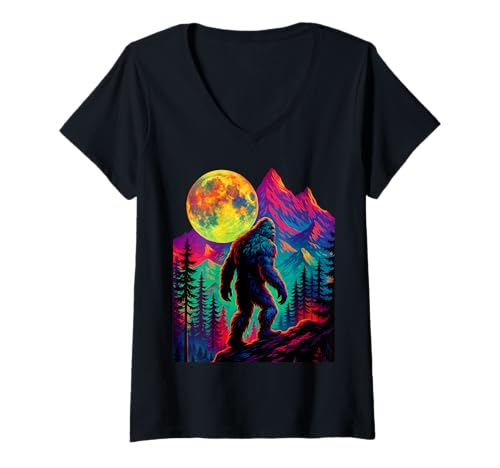 Damen Bigfoot Night Stroll Cool Full Moon Trees Sasquatch Vintage T-Shirt mit V-Ausschnitt von Bigfoot Funny Sasquatch Monkey Ape Men Women Kids