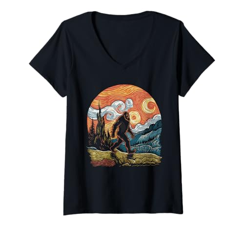 Damen Bigfoot Tshirt Starry Night Sasquatch Van Gogh Sky Gemälde T-Shirt mit V-Ausschnitt Damen Bigfoot Tshirt Starry Night Sasquatch Van Gogh Sky Gemälde T-Shirt mit V-Ausschnitt von Bigfoot Geschenk Starry Night Sasquatch Van Gogh