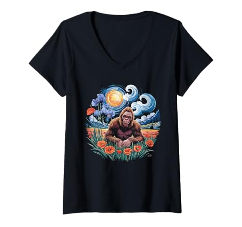 Damen Bigfoot Tshirt Starry Night Sasquatch Van Gogh Sky Gemälde T-Shirt mit V-Ausschnitt Damen Bigfoot Tshirt Starry Night Sasquatch Van Gogh Sky Gemälde T-Shirt mit V-Ausschnitt von Bigfoot Geschenk Starry Night Sasquatch Van Gogh