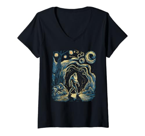 Damen Bigfoot Tshirt Starry Night Sasquatch Van Gogh Sky Gemälde T-Shirt mit V-Ausschnitt Damen Bigfoot Tshirt Starry Night Sasquatch Van Gogh Sky Gemälde T-Shirt mit V-Ausschnitt von Bigfoot Geschenk Starry Night Sasquatch Van Gogh