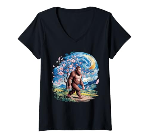 Damen Bigfoot Tshirt Starry Night Sasquatch Van Gogh Sky Gemälde T-Shirt mit V-Ausschnitt Damen Bigfoot Tshirt Starry Night Sasquatch Van Gogh Sky Gemälde T-Shirt mit V-Ausschnitt von Bigfoot Geschenk Starry Night Sasquatch Van Gogh