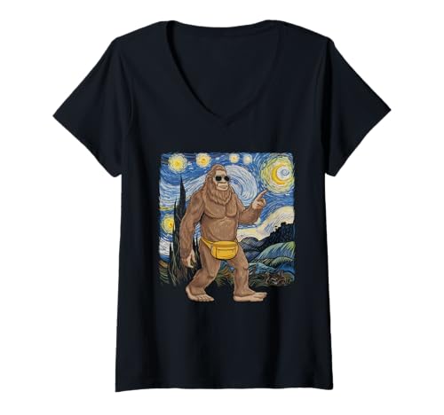 Damen Bigfoot Tshirt Starry Night Sasquatch Van Gogh Sky Gemälde T-Shirt mit V-Ausschnitt Damen Bigfoot Tshirt Starry Night Sasquatch Van Gogh Sky Gemälde T-Shirt mit V-Ausschnitt von Bigfoot Geschenk Starry Night Sasquatch Van Gogh