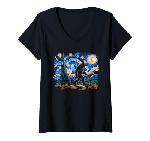 Damen Bigfoot Tshirt Starry Night Sasquatch Van Gogh Sky Gemälde T-Shirt mit V-Ausschnitt Damen Bigfoot Tshirt Starry Night Sasquatch Van Gogh Sky Gemälde T-Shirt mit V-Ausschnitt von Bigfoot Geschenk Starry Night Sasquatch Van Gogh