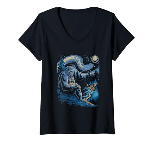 Damen Bigfoot Tshirt Starry Night Sasquatch Van Gogh Sky Gemälde T-Shirt mit V-Ausschnitt Damen Bigfoot Tshirt Starry Night Sasquatch Van Gogh Sky Gemälde T-Shirt mit V-Ausschnitt von Bigfoot Geschenk Starry Night Sasquatch Van Gogh