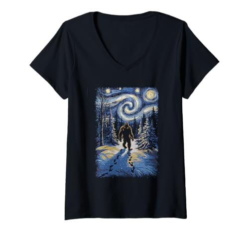 Damen Bigfoot Tshirt Starry Night Sasquatch Van Gogh Sky Gemälde T-Shirt mit V-Ausschnitt Damen Bigfoot Tshirt Starry Night Sasquatch Van Gogh Sky Gemälde T-Shirt mit V-Ausschnitt von Bigfoot Geschenk Starry Night Sasquatch Van Gogh