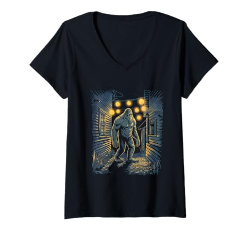 Damen Bigfoot Tshirt Starry Night Sasquatch Van Gogh Sky Gemälde T-Shirt mit V-Ausschnitt Damen Bigfoot Tshirt Starry Night Sasquatch Van Gogh Sky Gemälde T-Shirt mit V-Ausschnitt von Bigfoot Geschenk Starry Night Sasquatch Van Gogh