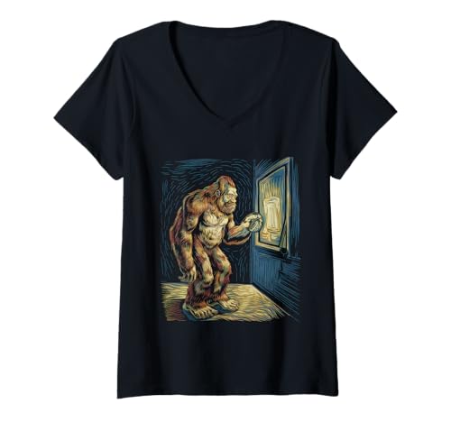Damen Bigfoot Tshirt Starry Night Sasquatch Van Gogh Sky Gemälde T-Shirt mit V-Ausschnitt Damen Bigfoot Tshirt Starry Night Sasquatch Van Gogh Sky Gemälde T-Shirt mit V-Ausschnitt von Bigfoot Geschenk Starry Night Sasquatch Van Gogh