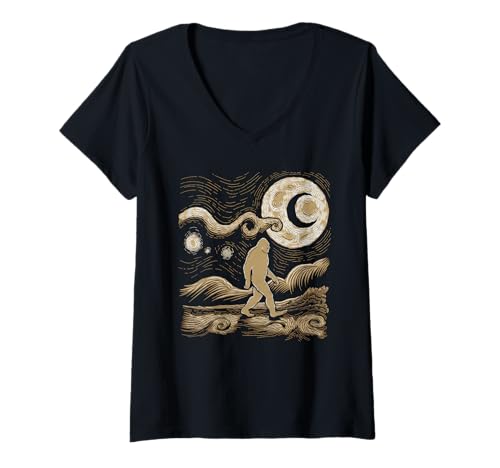 Damen Bigfoot Tshirt Starry Night Sasquatch Van Gogh Sky Gemälde T-Shirt mit V-Ausschnitt Damen Bigfoot Tshirt Starry Night Sasquatch Van Gogh Sky Gemälde T-Shirt mit V-Ausschnitt von Bigfoot Geschenk Starry Night Sasquatch Van Gogh