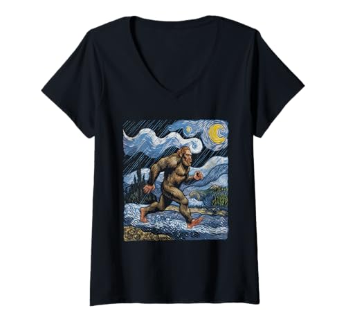 Damen Bigfoot Tshirt Starry Night Sasquatch Van Gogh Sky Gemälde T-Shirt mit V-Ausschnitt Damen Bigfoot Tshirt Starry Night Sasquatch Van Gogh Sky Gemälde T-Shirt mit V-Ausschnitt von Bigfoot Geschenk Starry Night Sasquatch Van Gogh