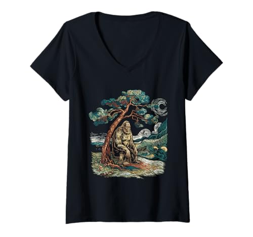 Damen Bigfoot Tshirt Starry Night Sasquatch Van Gogh Sky Gemälde T-Shirt mit V-Ausschnitt Damen Bigfoot Tshirt Starry Night Sasquatch Van Gogh Sky Gemälde T-Shirt mit V-Ausschnitt von Bigfoot Geschenk Starry Night Sasquatch Van Gogh