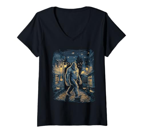 Damen Bigfoot Tshirt Starry Night Sasquatch Van Gogh Sky Gemälde T-Shirt mit V-Ausschnitt Damen Bigfoot Tshirt Starry Night Sasquatch Van Gogh Sky Gemälde T-Shirt mit V-Ausschnitt von Bigfoot Geschenk Starry Night Sasquatch Van Gogh