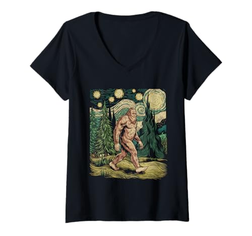 Damen Bigfoot Tshirt Starry Night Sasquatch Van Gogh Sky Gemälde T-Shirt mit V-Ausschnitt Damen Bigfoot Tshirt Starry Night Sasquatch Van Gogh Sky Gemälde T-Shirt mit V-Ausschnitt von Bigfoot Geschenk Starry Night Sasquatch Van Gogh