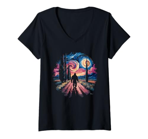 Damen Bigfoot Tshirt Starry Night Sasquatch Van Gogh Sky Gemälde T-Shirt mit V-Ausschnitt Damen Bigfoot Tshirt Starry Night Sasquatch Van Gogh Sky Gemälde T-Shirt mit V-Ausschnitt von Bigfoot Geschenk Starry Night Sasquatch Van Gogh