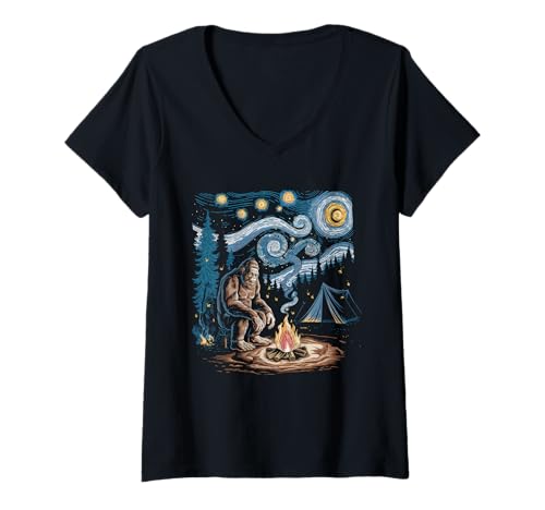 Damen Bigfoot Tshirt Starry Night Sasquatch Van Gogh Sky Gemälde T-Shirt mit V-Ausschnitt Damen Bigfoot Tshirt Starry Night Sasquatch Van Gogh Sky Gemälde T-Shirt mit V-Ausschnitt von Bigfoot Geschenk Starry Night Sasquatch Van Gogh