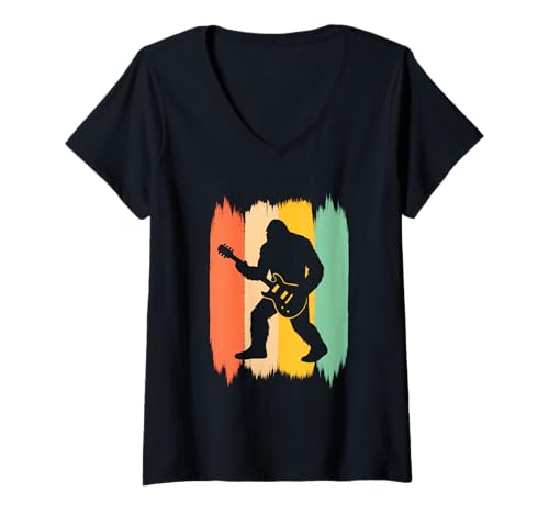 Damen Bigfoot Spielgitarre Retro Sasquatch Rock and Roll T-Shirt mit V-Ausschnitt von Bigfoot Guitar Rock Music Funny Gift Guitarist Tee