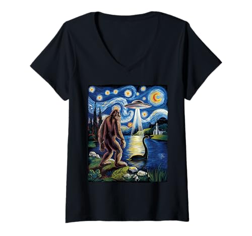 Damen Bigfoot Sasquatch Loch Ness Sternennacht Geschenke Männer Frauen Kinder T-Shirt mit V-Ausschnitt von Bigfoot Loch Ness Apparel Gifts Graphic Tees