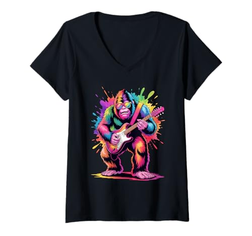 Damen Bigfoot Gitarrenposter Stil Bunte Farbspritzer Kunst T-Shirt mit V-Ausschnitt Damen Bigfoot Gitarrenposter Stil Bunte Farbspritzer Kunst T-Shirt mit V-Ausschnitt von Bigfoot Lover Apparel & Arts