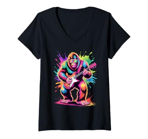 Damen Bigfoot Spielende Gitarre Poster Stil Bunte Farbspritzer T-Shirt mit V-Ausschnitt Damen Bigfoot Spielende Gitarre Poster Stil Bunte Farbspritzer T-Shirt mit V-Ausschnitt von Bigfoot Lover Apparel & Arts