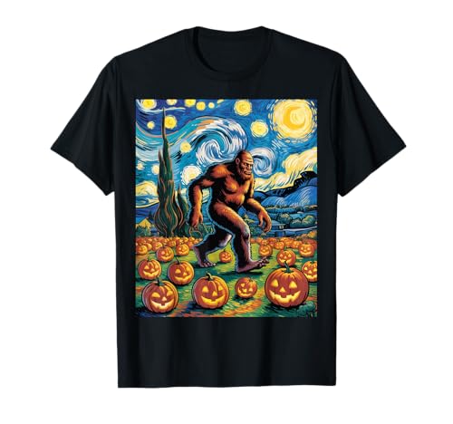 Halloween Bigfoot Pumpkin Patch Starry Sky Men Women Style T-Shirt von Bigfoot Night Scene with Pumpkins and Swirls