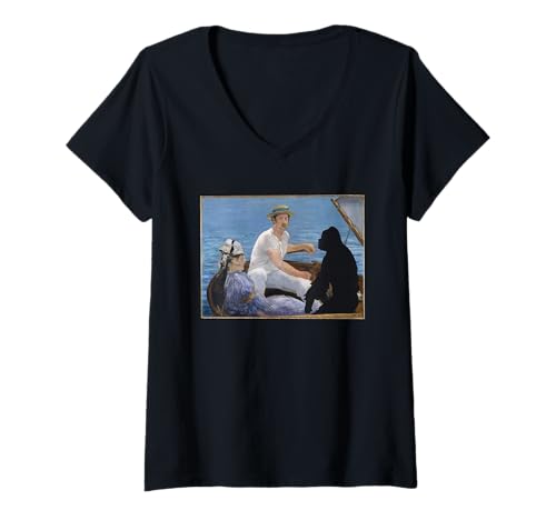 Damen Bigfoot Shirt Manet's Bootfahren Painting and Bigfoot Funny T-Shirt mit V-Ausschnitt von Bigfoot Novel T-Shirt Designs