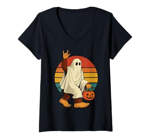 Damen Bigfoot Halloween Geist T-Shirt mit V-Ausschnitt von Bigfoot Sasquatch Gruselig Paranormal