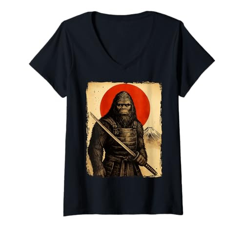 Damen Bigfoot Samurai Japanisches Katana Japan T-Shirt mit V-Ausschnitt von Bigfoot Sasquatch Japanisches Schwert