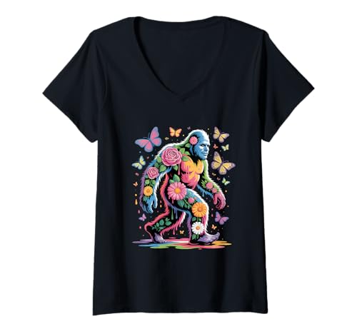 Damen Bigfoot Floral Art Sasquatch T-Shirt mit V-Ausschnitt von Bigfoot Sasquatch