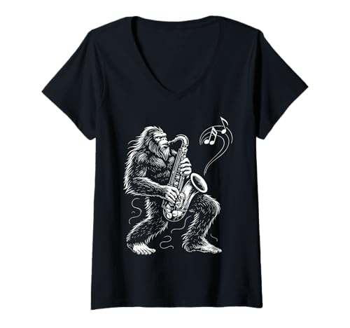 Damen Bigfoot Spielt Saxophon T-Shirt mit V-Ausschnitt Damen Bigfoot Spielt Saxophon T-Shirt mit V-Ausschnitt von Bigfoot Saxophon Sasquatch Musik Saxophonist
