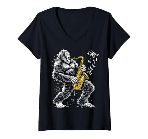 Damen Bigfoot Spielt Saxophon T-Shirt mit V-Ausschnitt Damen Bigfoot Spielt Saxophon T-Shirt mit V-Ausschnitt von Bigfoot Saxophon Sasquatch Musik Saxophonist