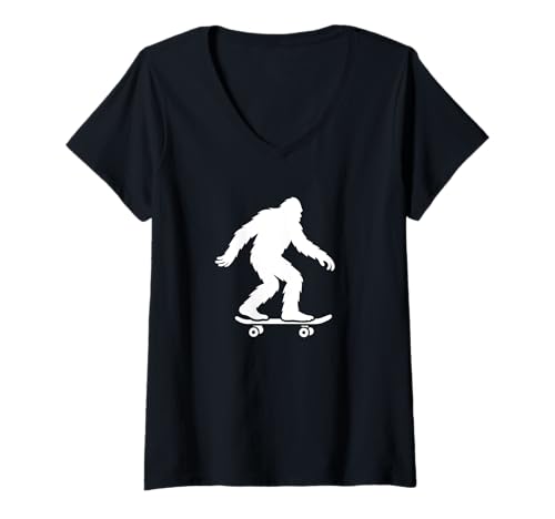 Damen Minimalistisches Bigfoot Sasquatch Skateboard-Design T-Shirt mit V-Ausschnitt von Bigfoot Skateboard Silhouette Designs