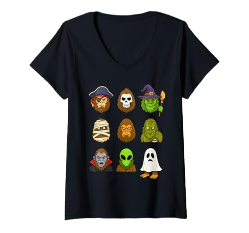 Damen Halloween Bigfoot Skelett Zombie Mama Geist Hexe Vampir T-Shirt mit V-Ausschnitt Damen Halloween Bigfoot Skelett Zombie Mama Geist Hexe Vampir T-Shirt mit V-Ausschnitt von Bigfoot Skeleton Zombie Mummy Ghost Halloween