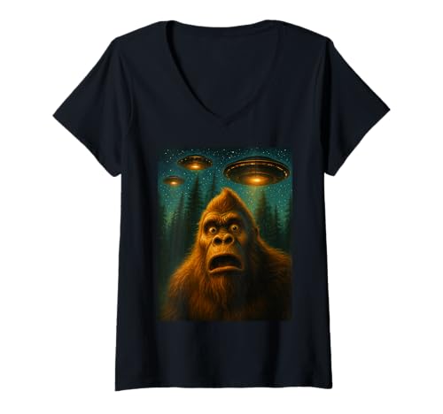 Damen Bigfoot Sasquatch Alien UFO Sternennacht Geschenke Männer Frauen Kinder T-Shirt mit V-Ausschnitt von Bigfoot Suprise Apparel Gifts Graphic Tees