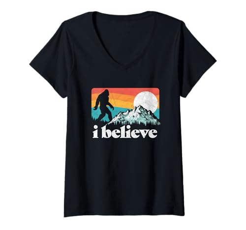 Damen I Believe! Funny Retro Bigfoot Mountains T-Shirt mit V-Ausschnitt Damen I Believe! Funny Retro Bigfoot Mountains T-Shirt mit V-Ausschnitt von Bigfoot UFO Believer 2001 Tees