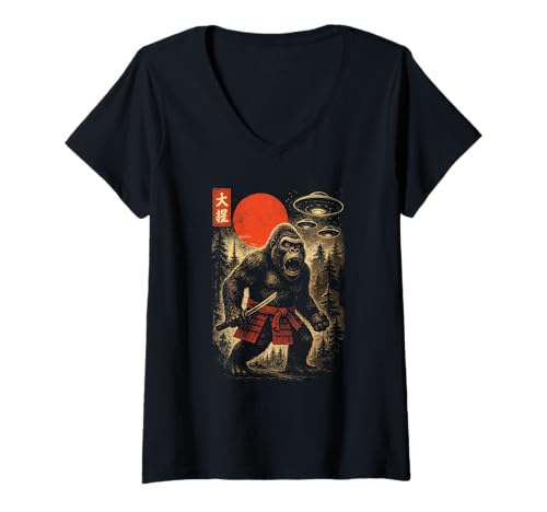 Damen Bigfoot Samurai with UFO - Sasquatch Alien Japanisch T-Shirt mit V-Ausschnitt von Bigfoot Ufo Sasquatch Alien