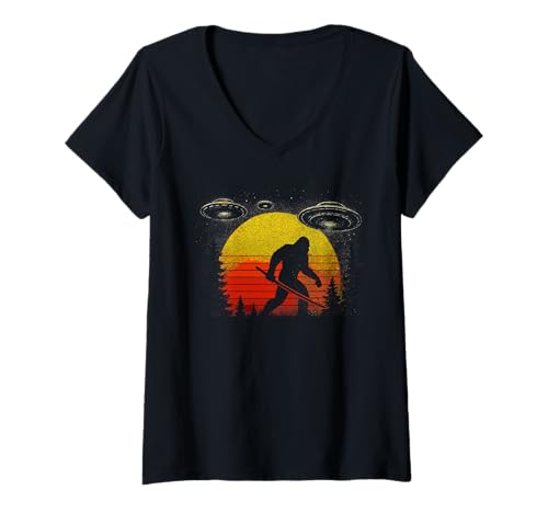 Damen Bigfoot Samurai with UFO - Sasquatch Alien Japanisch T-Shirt mit V-Ausschnitt von Bigfoot Ufo Sasquatch Alien