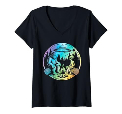 Damen Bigfoot und Alien Sasquatch Camping Tie Dye T-Shirt mit V-Ausschnitt Damen Bigfoot und Alien Sasquatch Camping Tie Dye T-Shirt mit V-Ausschnitt von Bigfoot and alien tie dye