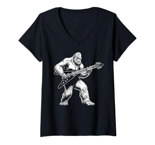 Damen Bigfoot spielt V Fliegende Gitarre lustig Gitarristen Männer Frauen T-Shirt mit V-Ausschnitt von Bigfoot playing V flying guitar lovers