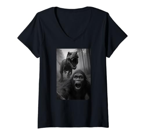 Damen Lustiger Bigfoot Selfie Trex Dinosaurier Jungen Mädchen Kinder T-Shirt mit V-Ausschnitt von BigfootAxis1