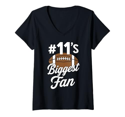 Damen Nummer 11 Biggest Fan Fußball Mama Frau Supporter Sohn Cheer T-Shirt mit V-Ausschnitt von Biggest Football Fan Number Apparel