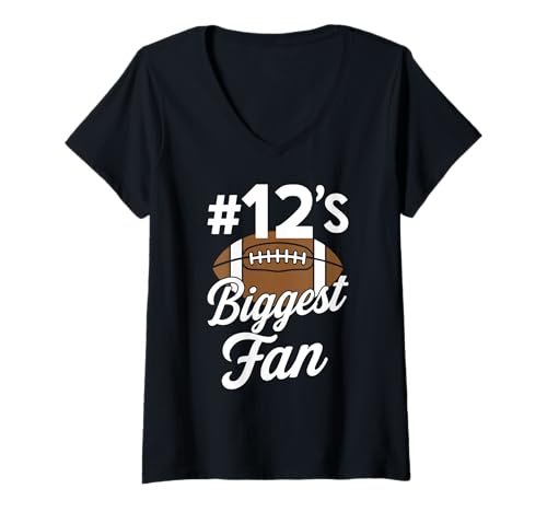 Damen Nummer 12 Biggest Fan Fußball Mama Frau Supporter Sohn Cheer T-Shirt mit V-Ausschnitt von Biggest Football Fan Number Apparel