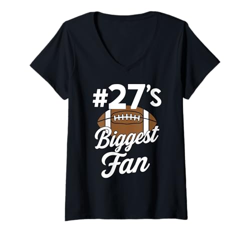 Damen Nummer 27 Biggest Fan Fußball Mama Frau Supporter Sohn Cheer T-Shirt mit V-Ausschnitt von Biggest Football Fan Number Apparel