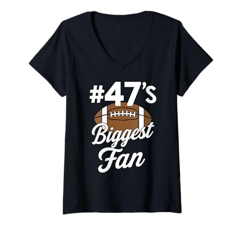Damen Nummer 47 Biggest Fan Fußball Mama Frau Supporter Sohn Cheer T-Shirt mit V-Ausschnitt von Biggest Football Fan Number Apparel